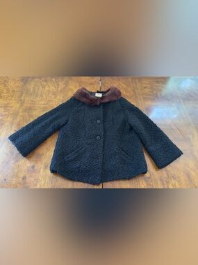 Vintage 1960s Coat Women's Black Wool Boucle Brown Rabbit Fur Collar